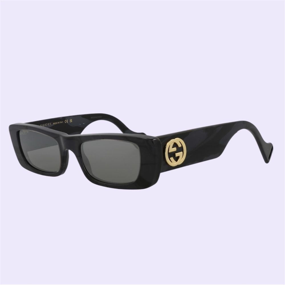 Gucci Black Rectangular Sunglasses with Gold Emblem